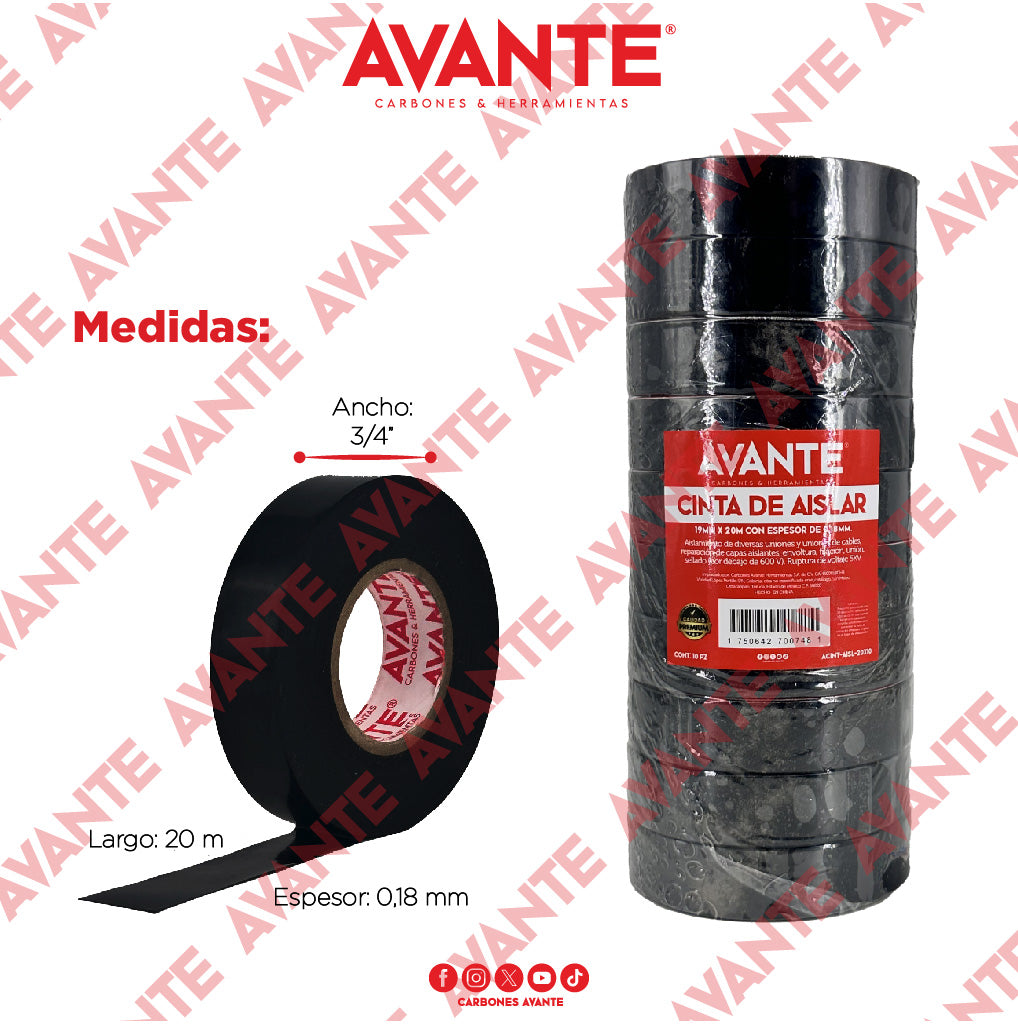 Cinta Avante De Aislar PVC 3/4" x 20m - Paquete de 10 Piezas