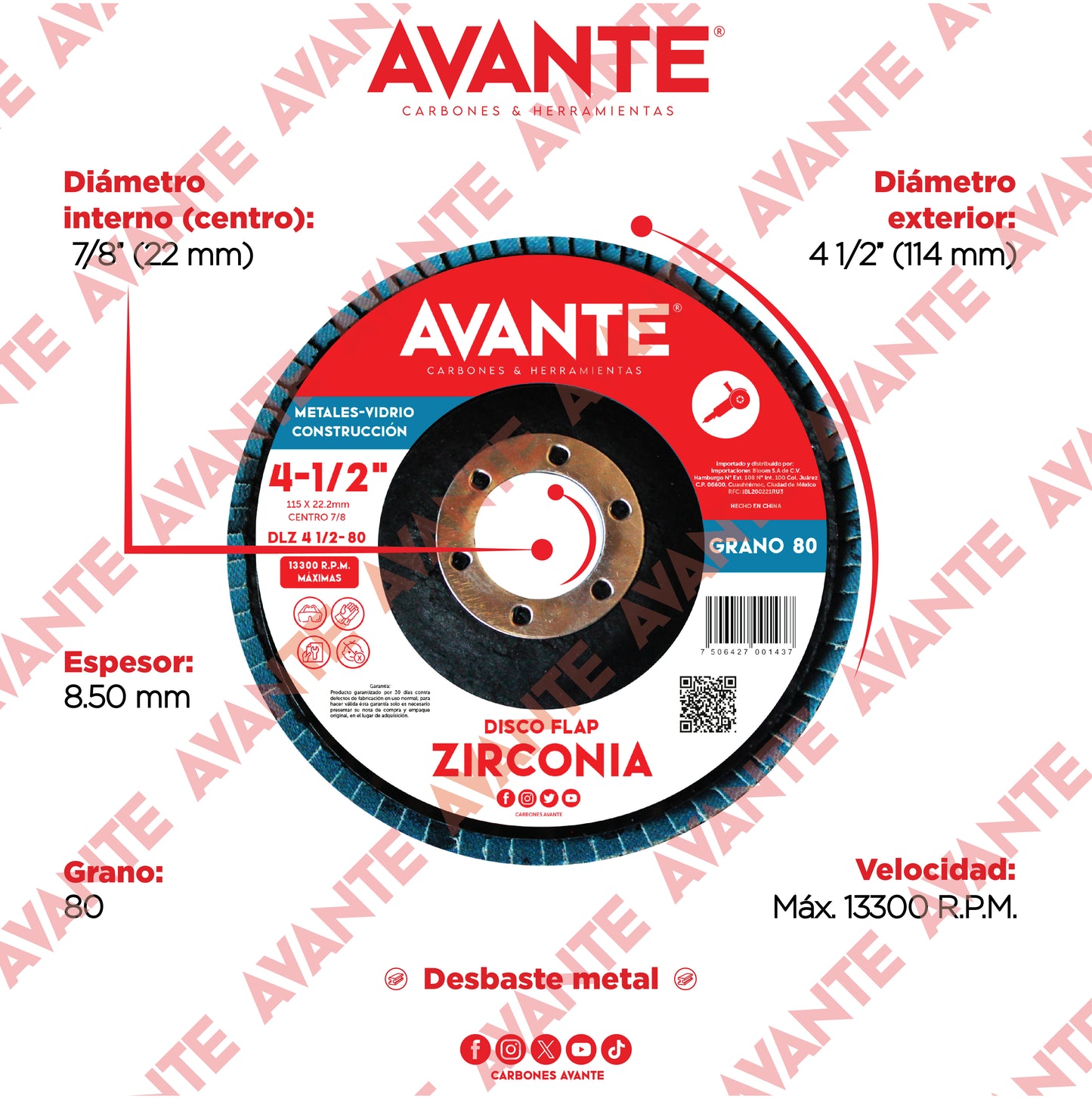 Disco Laminado Avante (Flap) Zirconia 4-1/2" Grano 80 - 1 Pieza