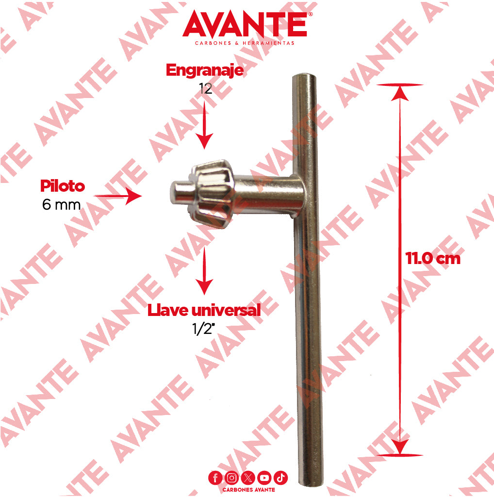 Llave Universal Avante Para Broquero 1/2" Larga 11 cm (Piloto 6mm) - 1 Pieza