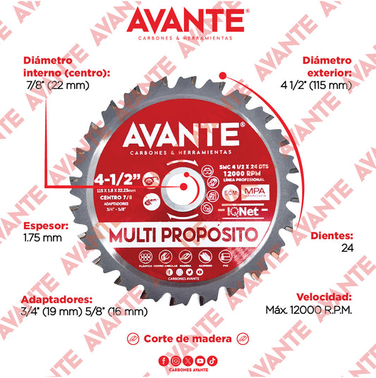 Sierra Avante Multi Propósito / Corte Plástico, Aluminio y Madera 4-1/2" 24 Dientes - 1 Pieza