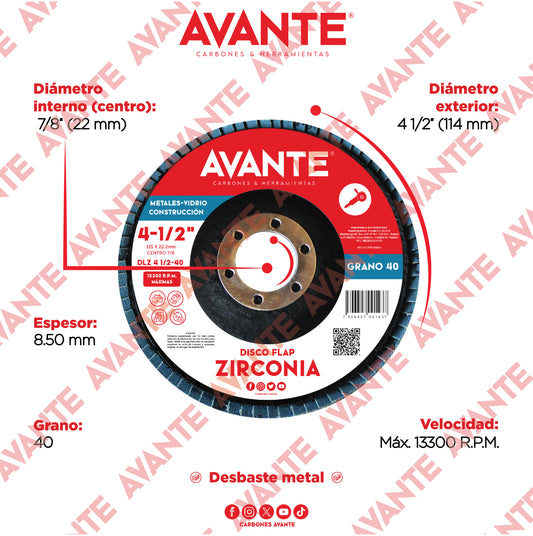 Disco Laminado Avante (Flap) Zirconia 4-1/2" Grano 40 - 1 Pieza