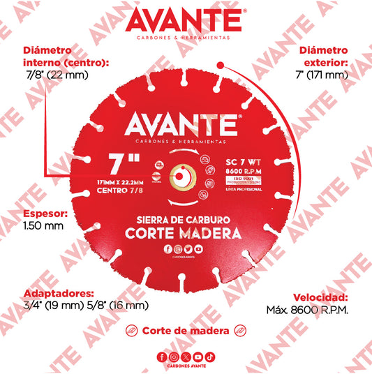 Sierra De Carburo Avante Corte Madera 7" Centro 7/8" WT - 1 Pieza