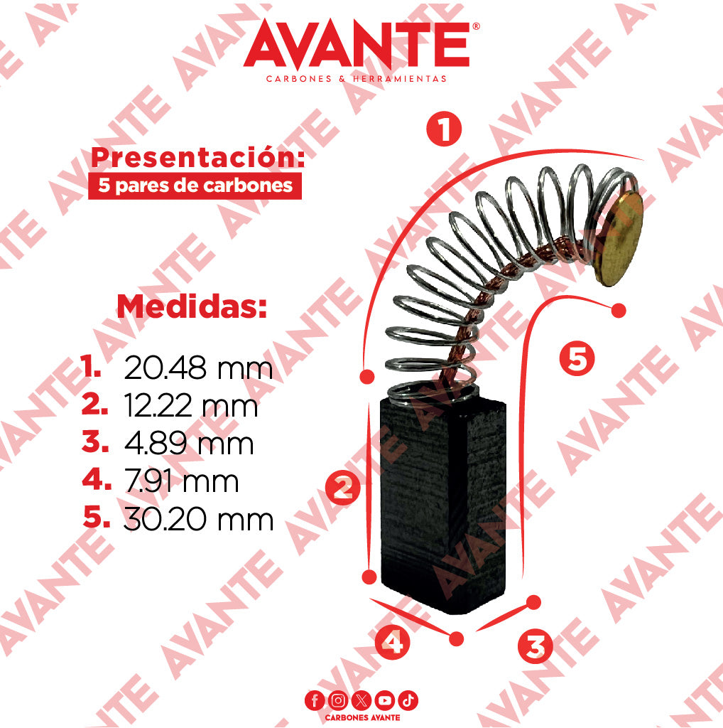 Carbones Avante Para Pulidora Y Taladros Chinos (CAP-26)- Paquete 5 Pares