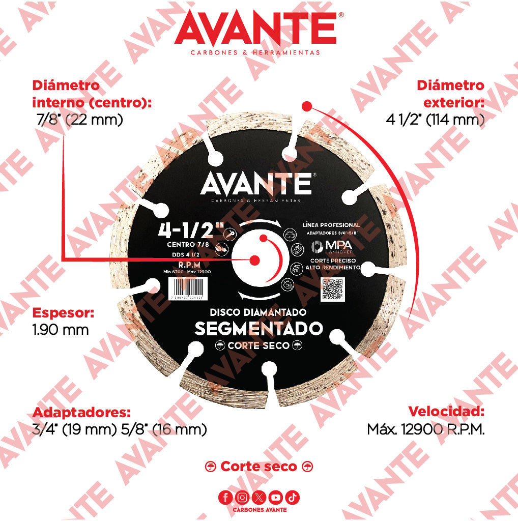 Disco Diamantado Avante Segmentado 4-1/2" Corte Seco (13000 RPM) - 1 Pieza