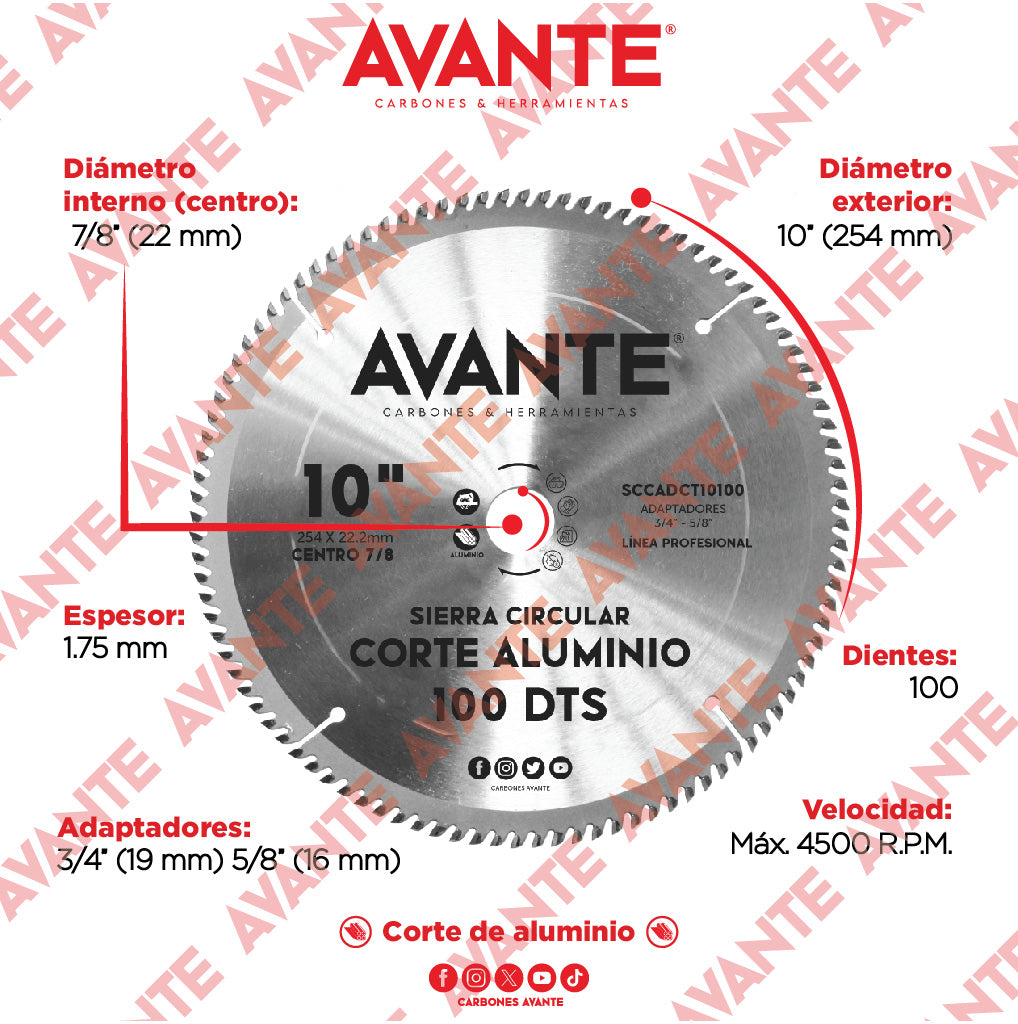 Sierra Circular Avante Corte de Aluminio 10" 100 Dientes (4500 RPM) - 1 Pieza