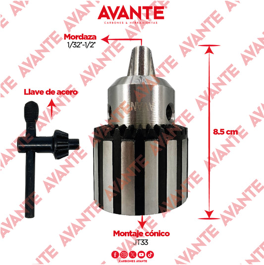 Broquero Avante Cónico Uso Rudo Industrial 1/2" (1.0-13mm) Cono JT33 - 1 Pieza
