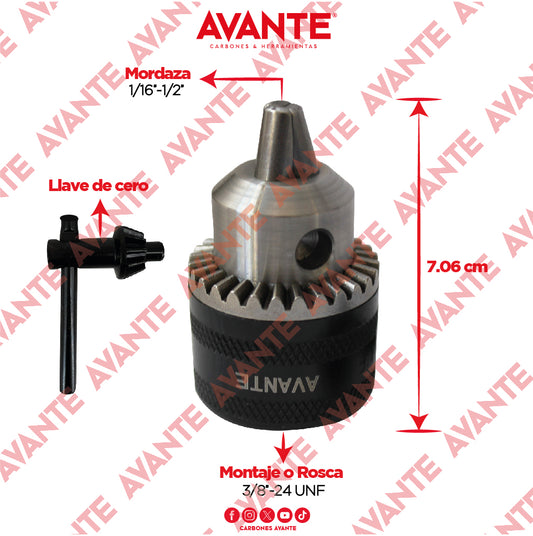Broquero Profesional Avante Con Llave 1/2" x 3/8"-24 UNF (1.6-13mm) - 1 Pieza