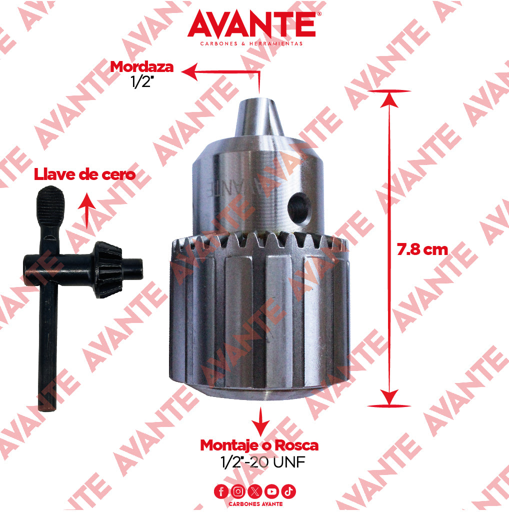 Broquero Industrial Avante Uso Rudo Con Llave 1/2" x 1/2"-20 UNF (1.0-13mm) - 1 Pieza