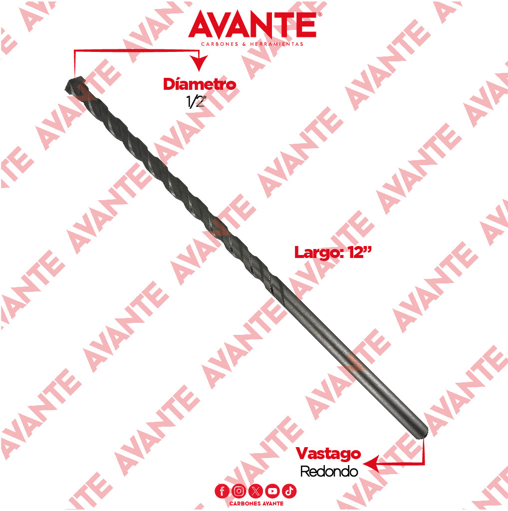 Broca Avante Para Concreto Larga 1/2" x 12" Vástago P3 -1 Pieza