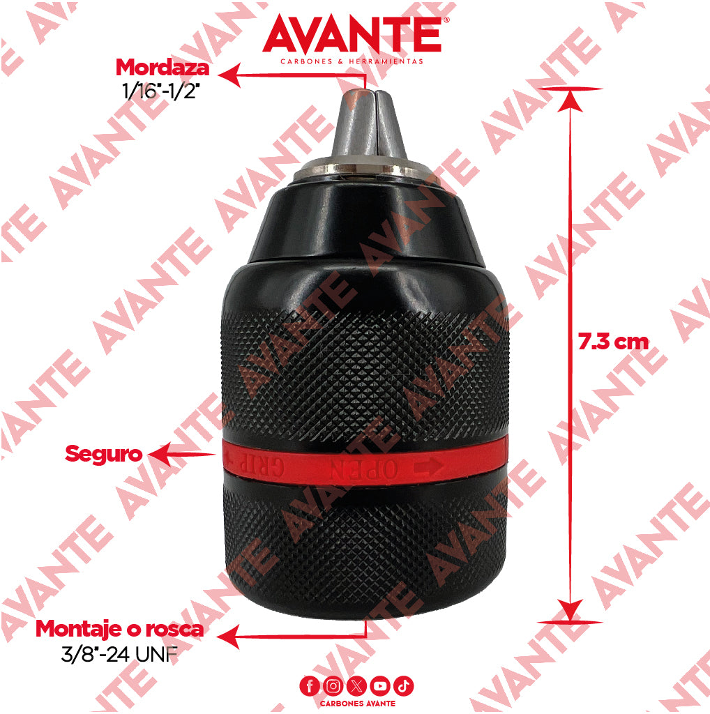 Broquero Uso Rudo Avante A/R Metálico Con Seguro 1/2" x 3/8"-24 UNF (1.9-13mm) - 1 Pieza