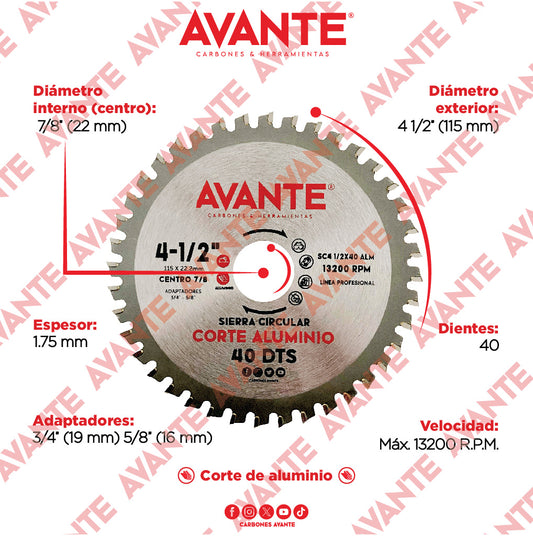 Sierra Circular Avante Corte de Aluminio 4-1/2" 40 Dientes (13200 RPM) - 1 Pieza