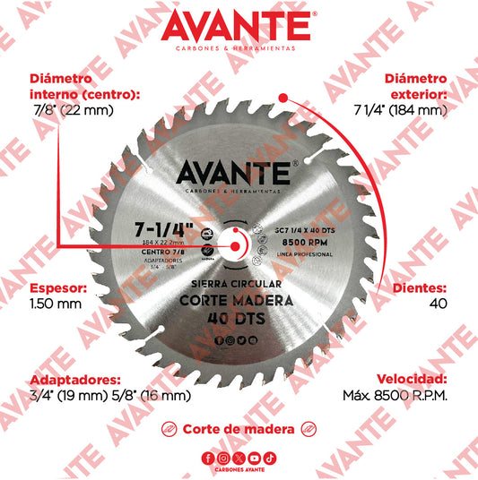 Sierra Circular Avante Para Madera 7-1/4" 40 Dientes (Carburo de Tungsteno) - 1 Pieza