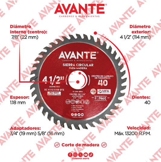 Sierra Circular Avante Para Madera 4-1/2" 40 Dientes (Carburo de Tungsteno) - 1 Pieza