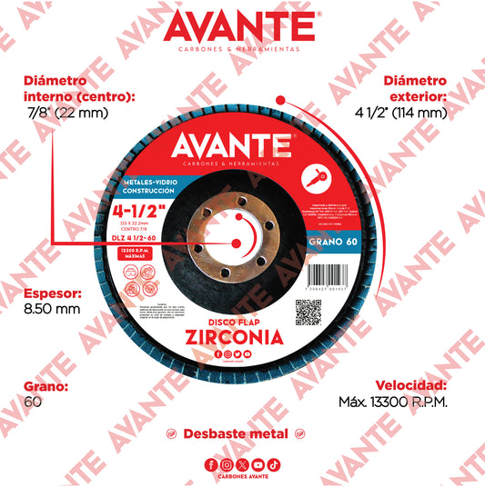 Disco Laminado Avante (Flap) Zirconia 4-1/2" Grano 60 - 1 Pieza