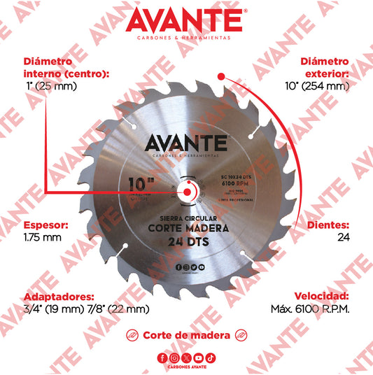 Sierra Circular Avante Para Madera 10" 24 Dientes (Carburo de Tungsteno) - 1 Pieza