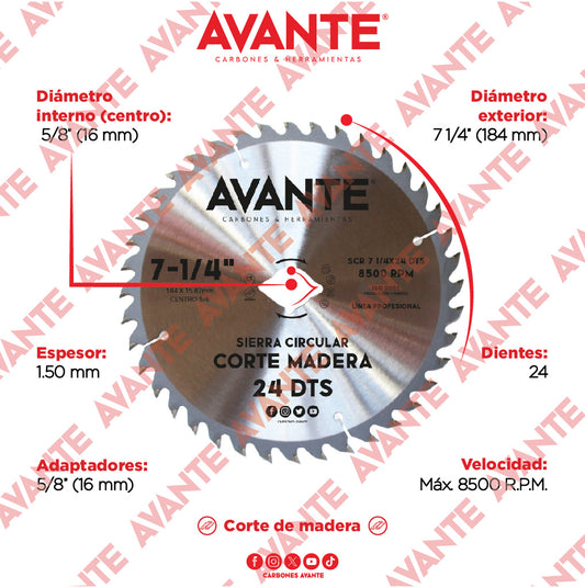 Sierra Circular Avante Corte Madera Centro Rombo 7-1/4" 24 Dientes - 1 Pieza