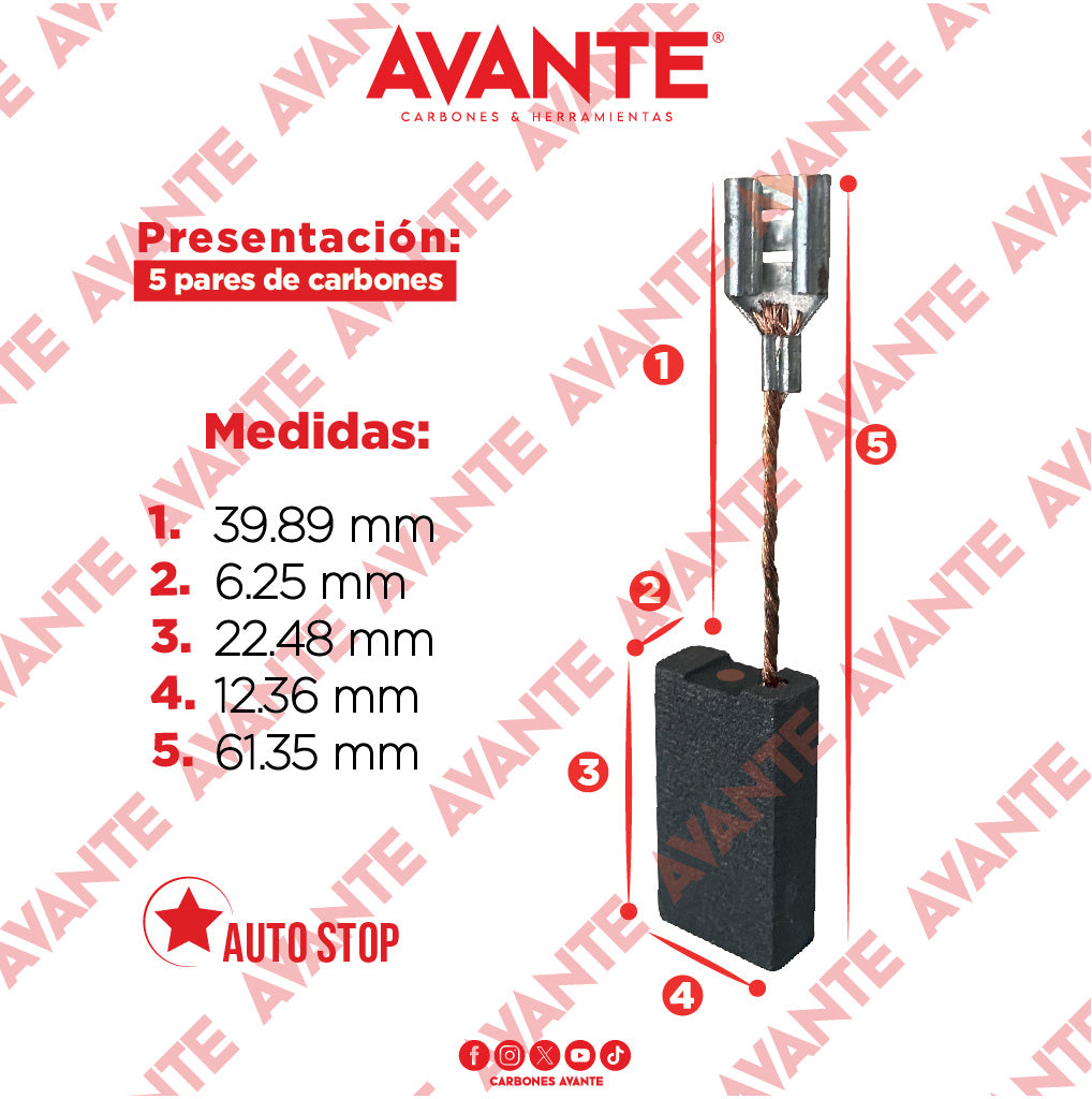 Carbones Avante Para Pulidora BOSCH (CAP-22)- Paquete 5 Pares