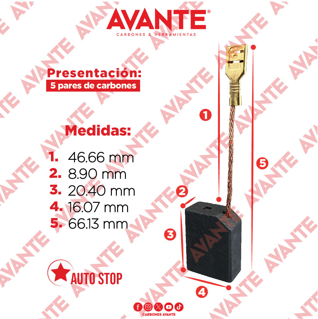 Carbones Avante Para Esmeriladora METABO (CAP-78) - Paquete 5 Pares