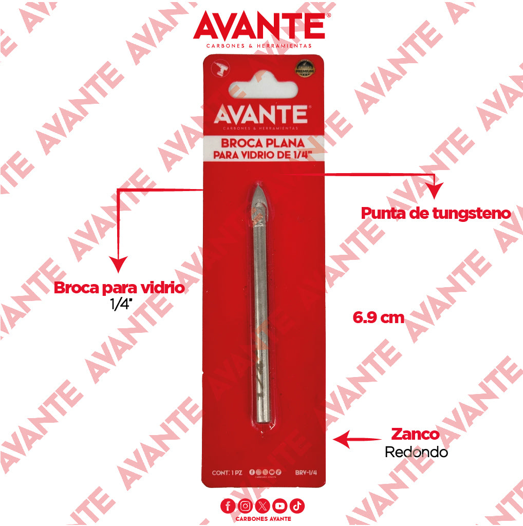 Broca Avante Para Vidrio y Cerámica 1/4" Punta de Carburo - 1 Pieza