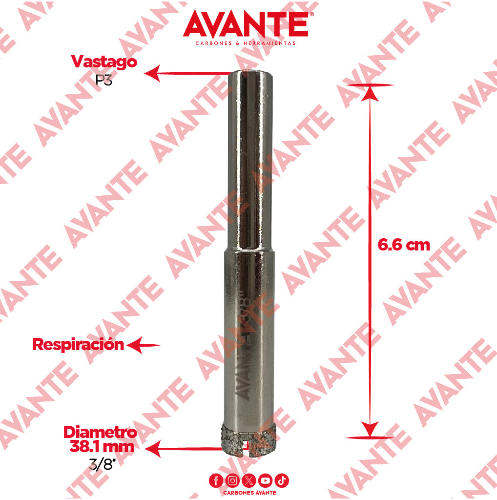 Broca Diamantada Avante 3/8" Con Vástago Redondo 1/4" - 1 Pieza