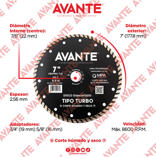 Disco Diamantado Avante Tipo Turbo 7" Corte Seco y Húmedo (8600 RPM) - 1 Pieza