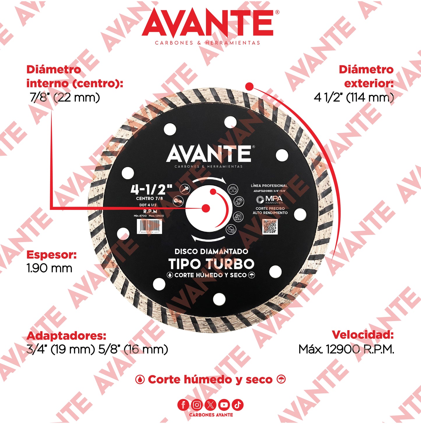 Disco Diamantado Avante Tipo Turbo 4-1/2" Corte Seco y Húmedo (13000 RPM) - 1 Pieza
