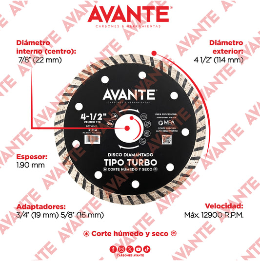 Disco Diamantado Avante Tipo Turbo 4-1/2" Corte Seco y Húmedo (13000 RPM) - 1 Pieza
