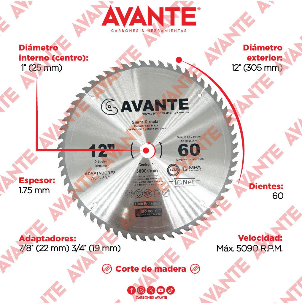 Sierra Circular Avante Para Madera 12" 60 Dientes (Carburo de Tungsteno) - 1 Pieza