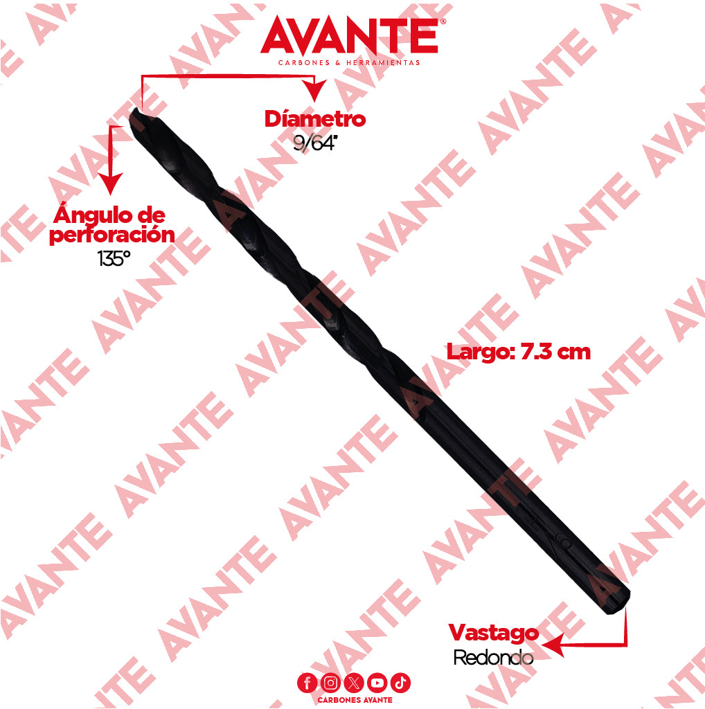 Broca Avante Alta Velocidad Acero M2 HSS 9/64" - Paquete 10 Piezas