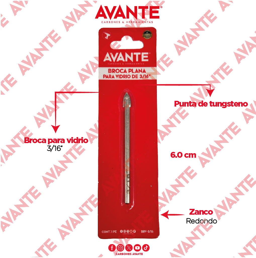 Broca Avante Para Vidrio y Cerámica 3/16" Punta de Carburo - 1 Pieza