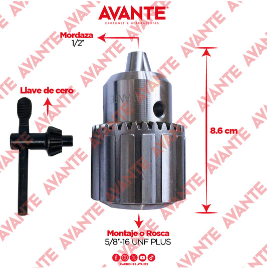 Broquero Industrial Avante Uso Rudo Con Llave 1/2" x 5/8"-16 UNF PLUS (1.0-13mm) - 1 Pieza