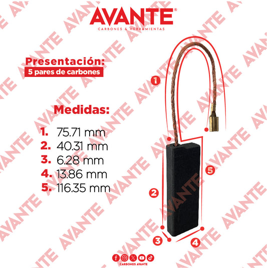 Carbones Avante Para Hidrolavadoras Genéricas (CAP-72) - Paquete 5 Pares