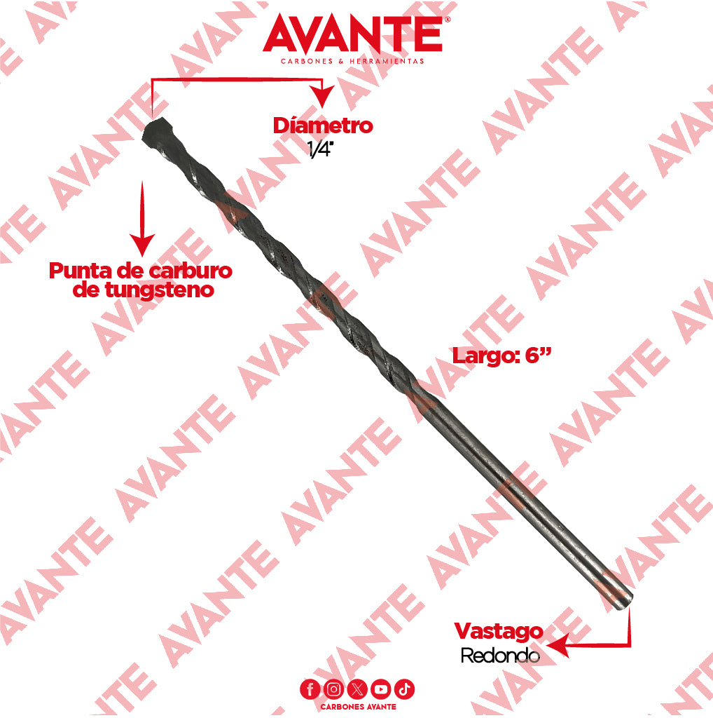 Broca Avante Para Concreto 1/4" x 6" Vástago P3 - Paquete 10 Piezas