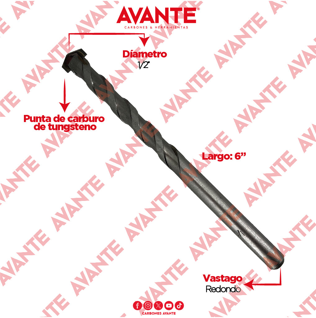 Broca Avante Para Concreto 1/2" x 6" Vástago P3 - 1 Pieza