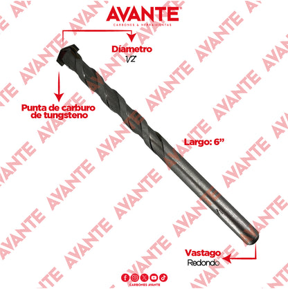 Broca Avante Para Concreto 1/2" x 6" Vástago P3 - 1 Pieza