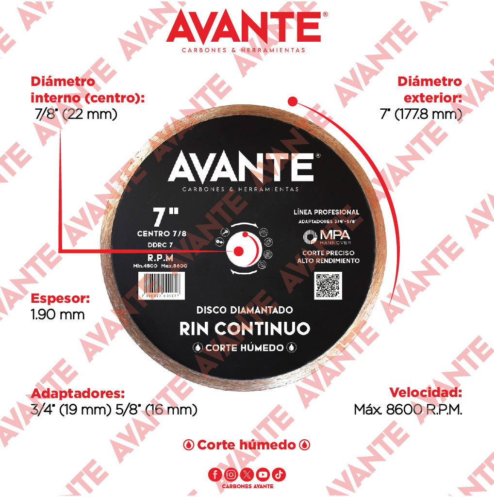 Disco Diamantado Avante Rin Continuo 7" Corte Húmedo (8600 RPM) - 1 Pieza