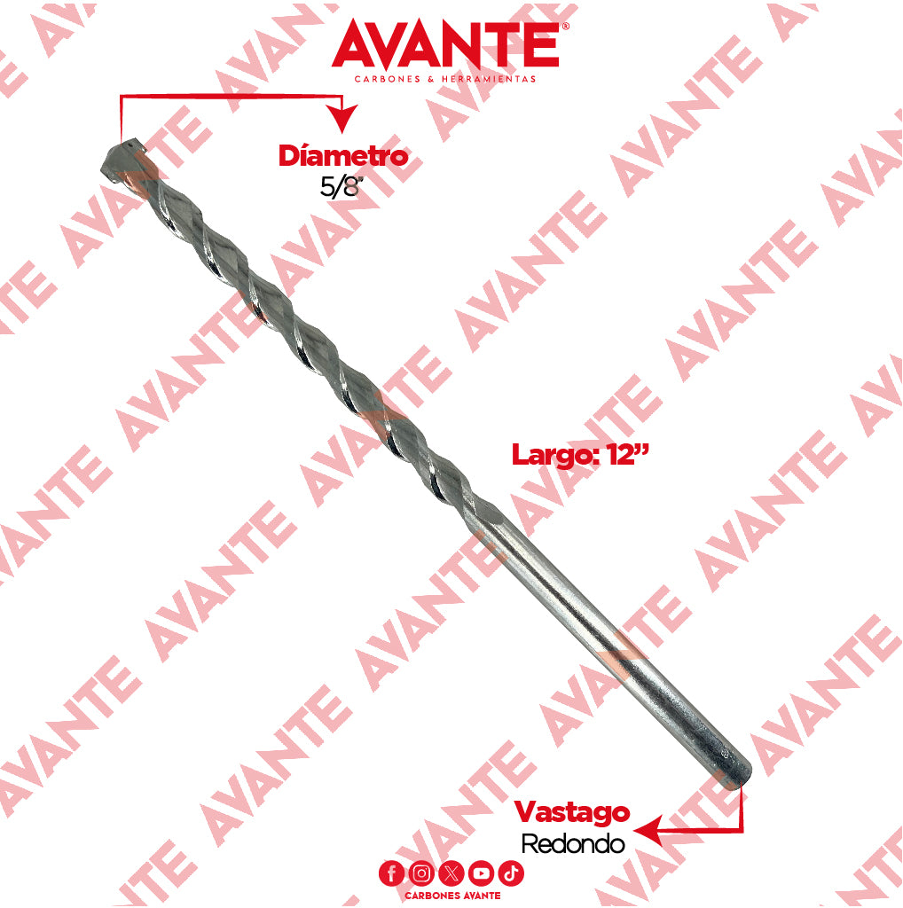 Broca Avante Para Concreto 5/8" x 12" Vástago P3 - 1 Pieza