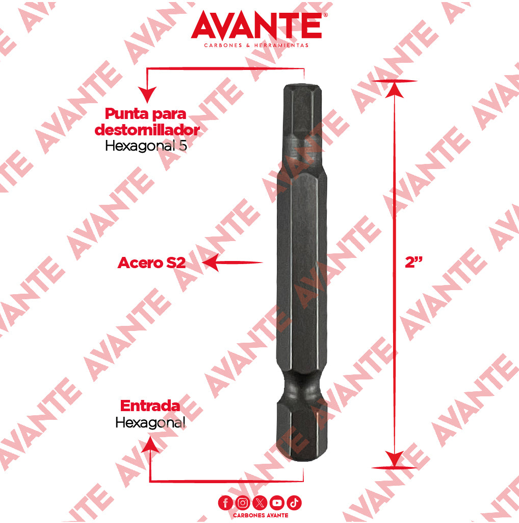 Puntas Magnéticas Avante Destornillador Hexagonal 5 Acero S2 - Paquete 10 Piezas