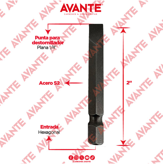 Puntas Magnéticas Avante Destornillador Plana 1/4" x 2" Acero S2 - Paquete 10 Piezas