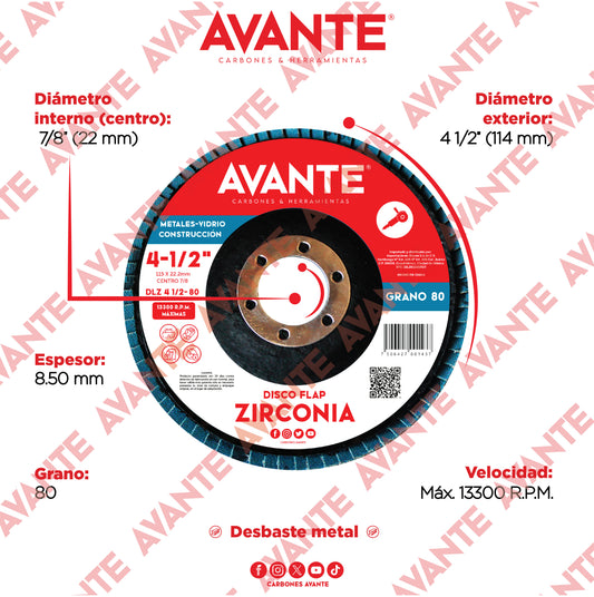 Disco Laminado Avante (Flap) Zirconia 4-1/2" Grano 80 - 1 Pieza