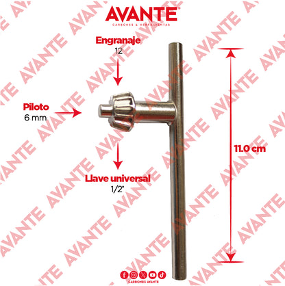 Llave Universal Avante Para Broquero 1/2" Larga 11 cm (Piloto 6mm) - 1 Pieza