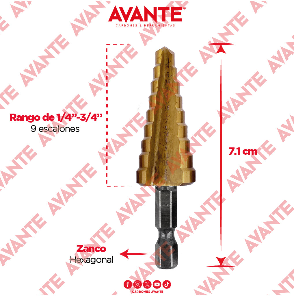 Broca Escalonada Avante Acero M2 HSS 1/4" a 3/4" - 1 Pieza