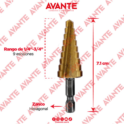 Broca Escalonada Avante Acero M2 HSS 1/4" a 3/4" - 1 Pieza