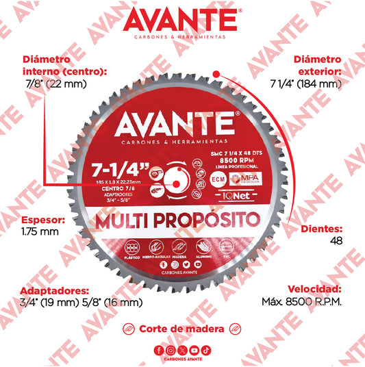 Sierra Avante Multi Propósito / Corte Plástico, Aluminio y Madera 7-1/4" 48 Dientes - 1 Pieza