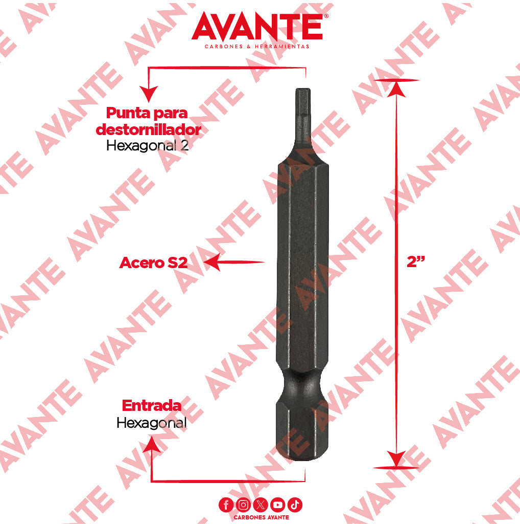 Puntas Magnéticas Avante Destornillador Hexagonal 2 Acero S2 - Paquete 10 Piezas