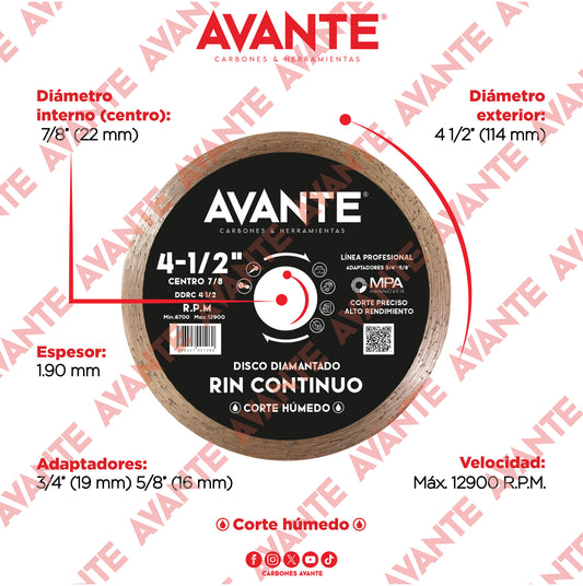 Disco Diamantado Avante Rin Continuo 4-1/2" Corte Húmedo (13000 RPM) - 1 Pieza
