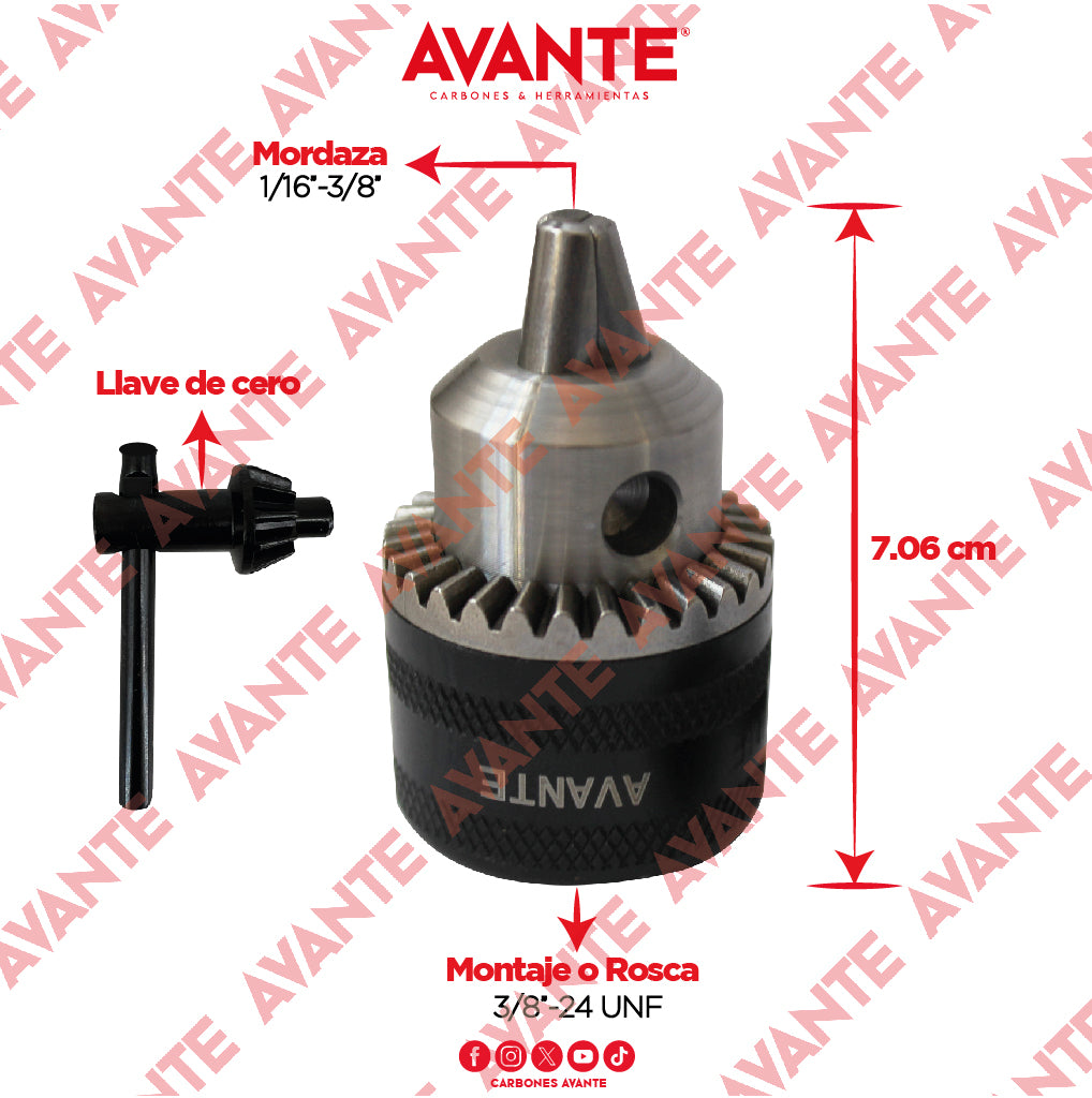 Broquero Profesional Avante Con Llave 3/8" x 3/8"-24 UNF (0.8 - 10 mm) - 1 Pieza