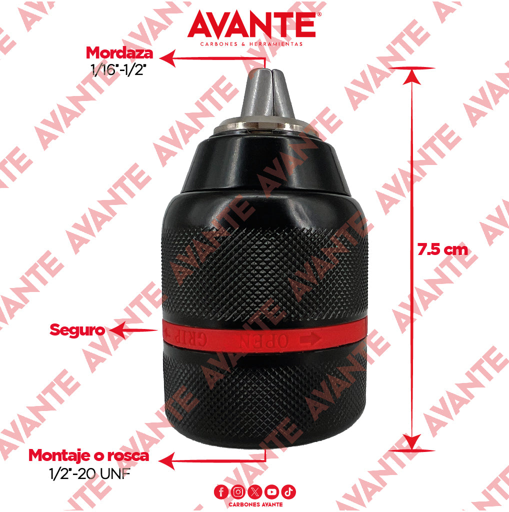 Broquero Uso Rudo Avante A/R Metálico Con Seguro 1/2"x 1/2"-20 UNF (1.6-13mm) - 1 Pieza