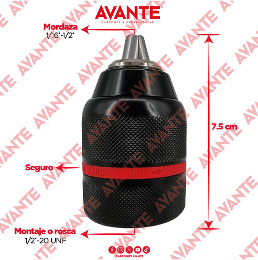 Broquero Uso Rudo Avante A/R Metálico Con Seguro 1/2"x 1/2"-20 UNF (1.6-13mm) - 1 Pieza
