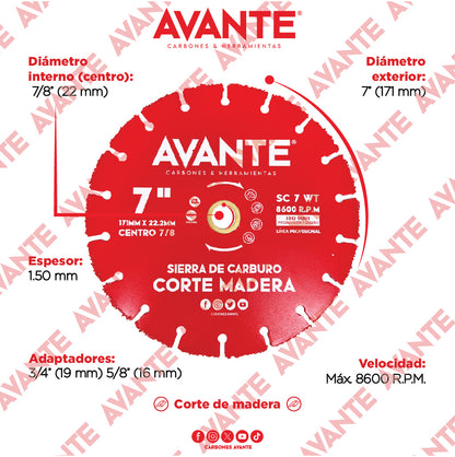 Sierra De Carburo Avante Corte Madera 7" Centro 7/8" WT - 1 Pieza